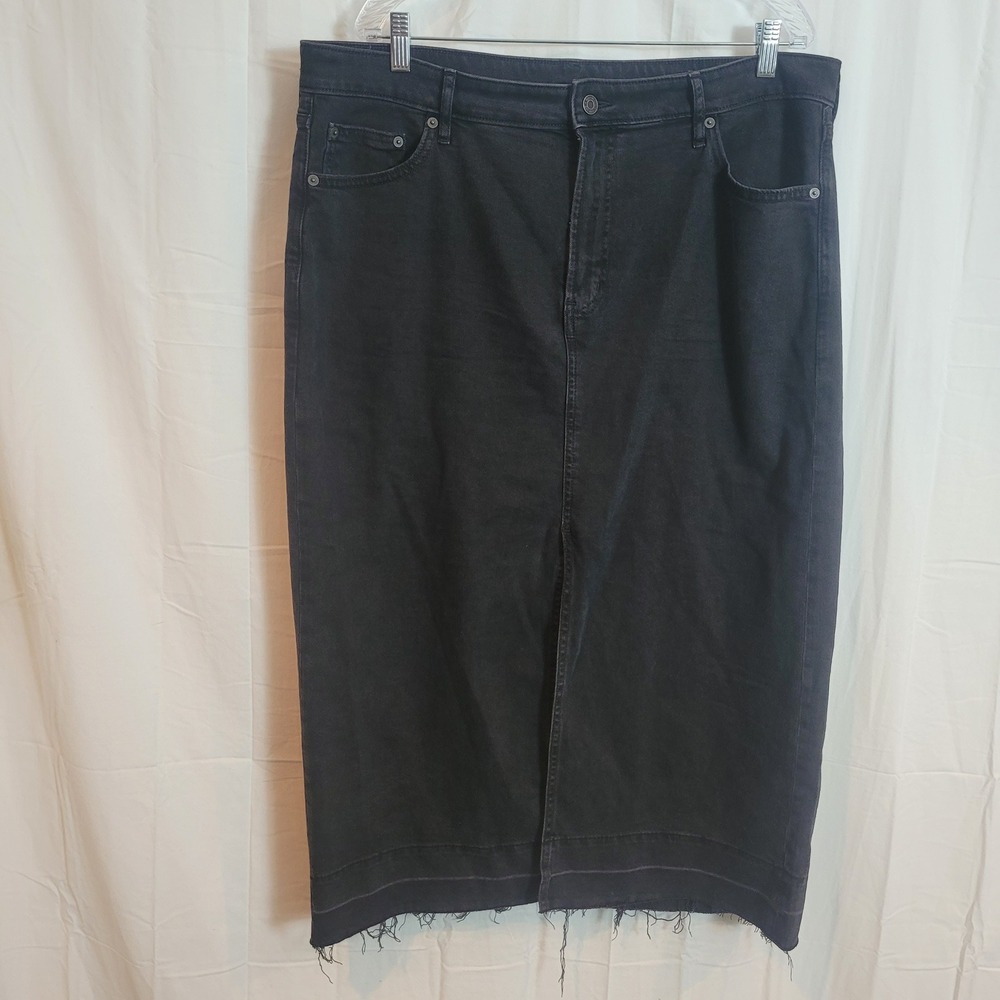 Gap Black Denim Midi Skirt High Rise Raw Hem Front Slit Size 16 33 Western Boho